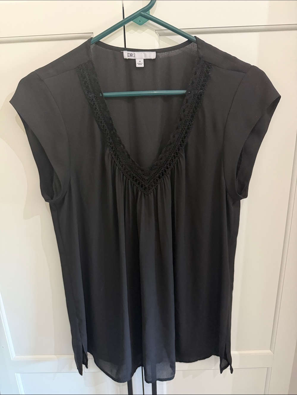 DR2 Black Lace-Trim V-Neck Flutter Sleeve Top